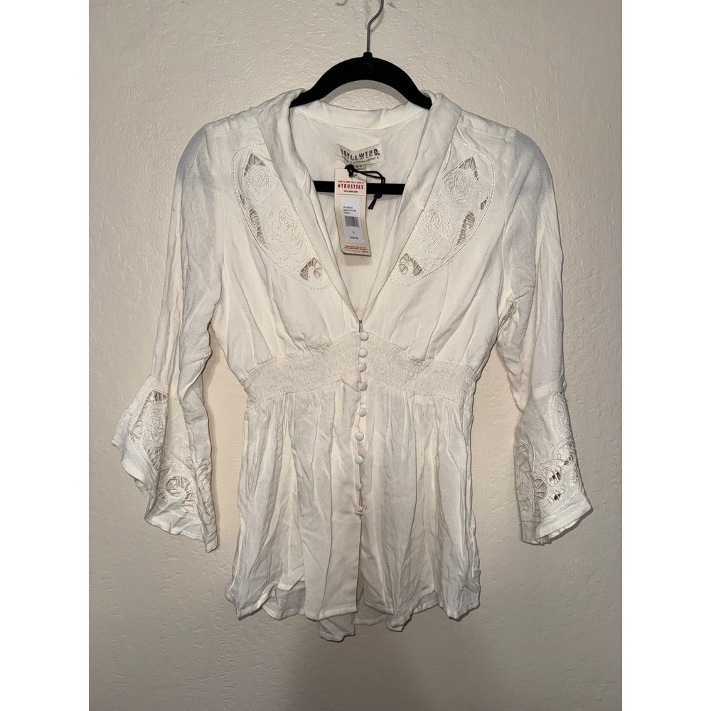 idyllwind Cream Crochet Bell Sleeve Smocked‎ Waist Blouse Top S
